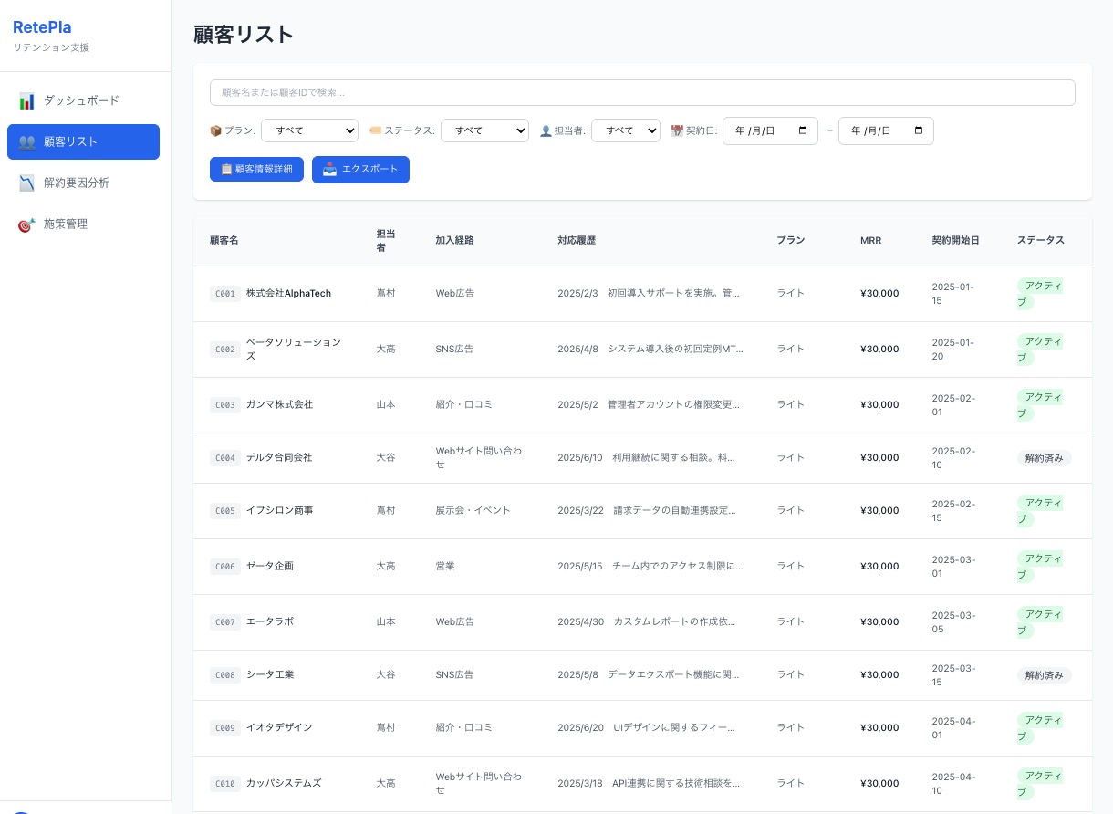 RetePla 顧客リスト画面